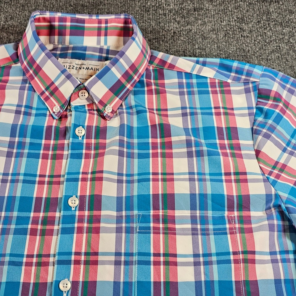 Mizzen+Main Mens XXL Blue Pink Plaid Leeward Trim Fit Short Sleeve Button Down